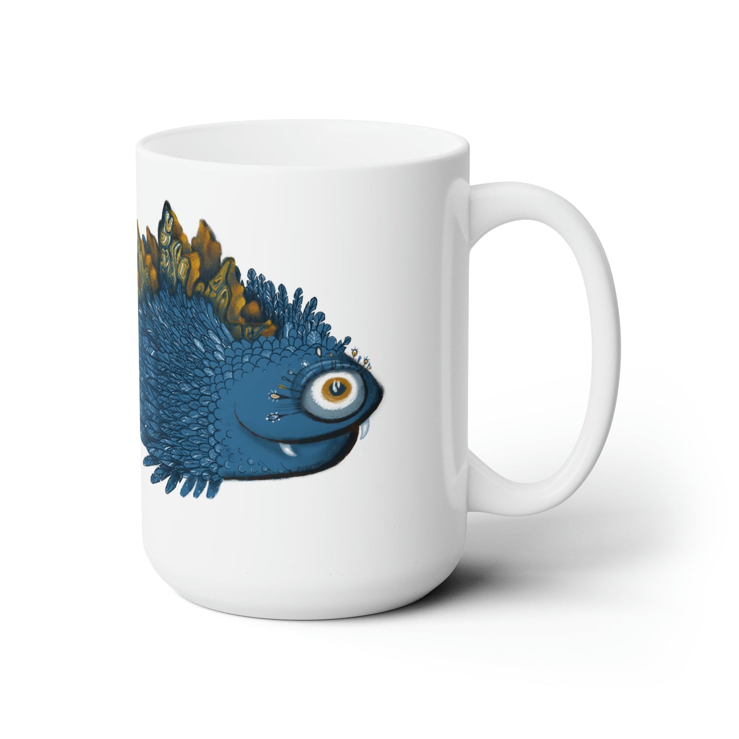 Ceramic Mug 15oz Model "SHAMAHI" with fish design by Bahareh Mortazavi, white ceramic with C-handle, microwave and dishwasher safe.