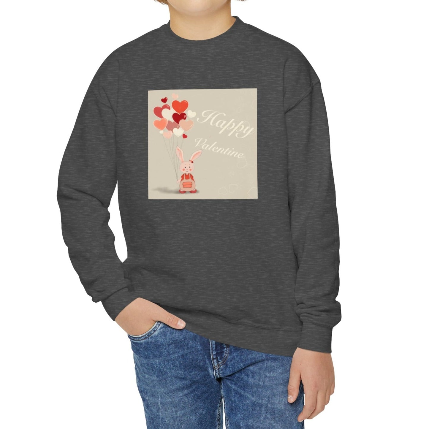 Youth crewneck sweatshirt in medium-heavy fabric, featuring a cute bunny with heart balloons design.