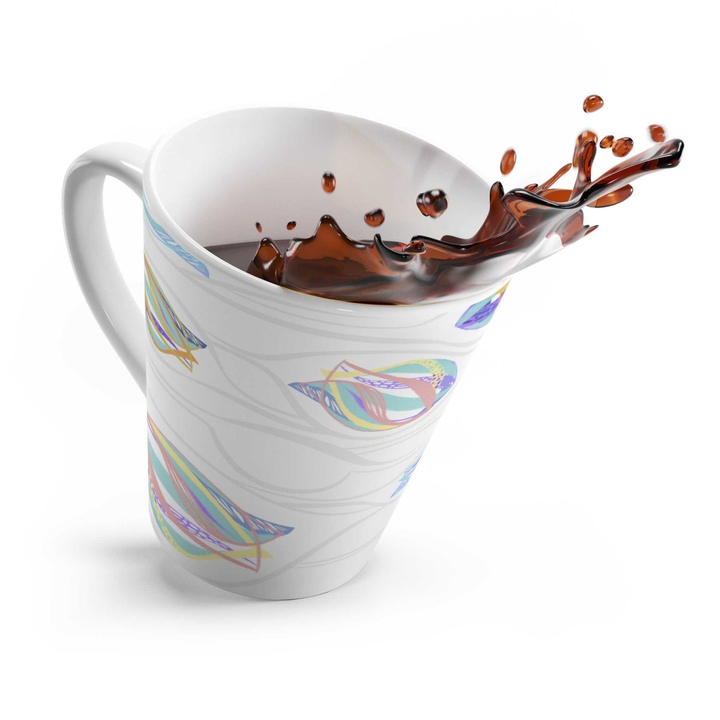 Durable ceramic latte mug MODEL B-P-19 with colorful design by Bahareh Mortazavi, featuring a C-handle and rounded corners.