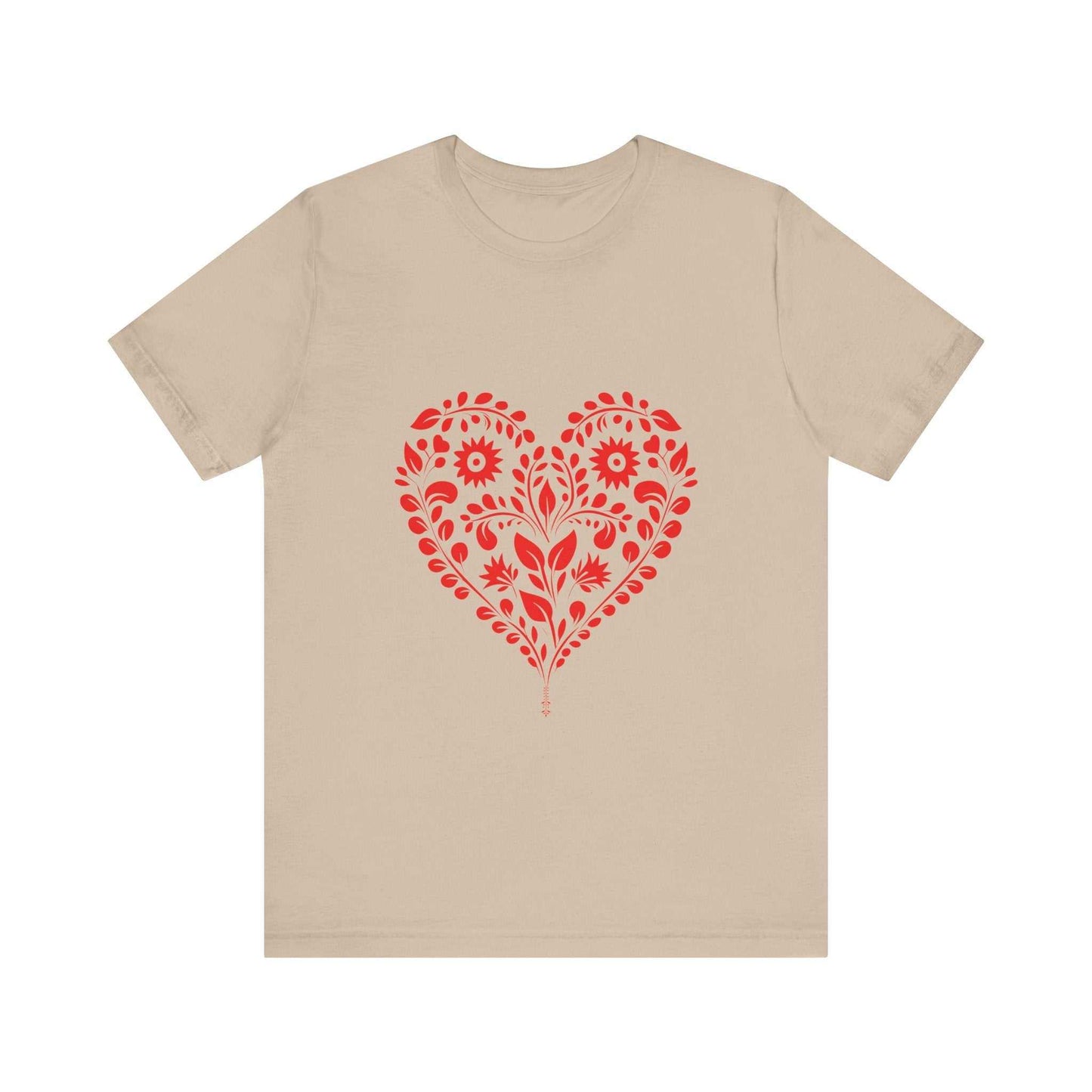 Valentine's Day shirt with red heart design on beige background.