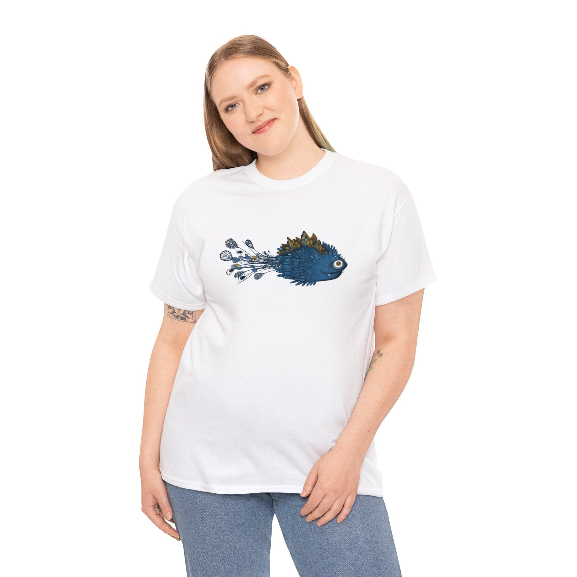 Unisex heavy cotton tee with artistic fish design, perfect for casual wear.