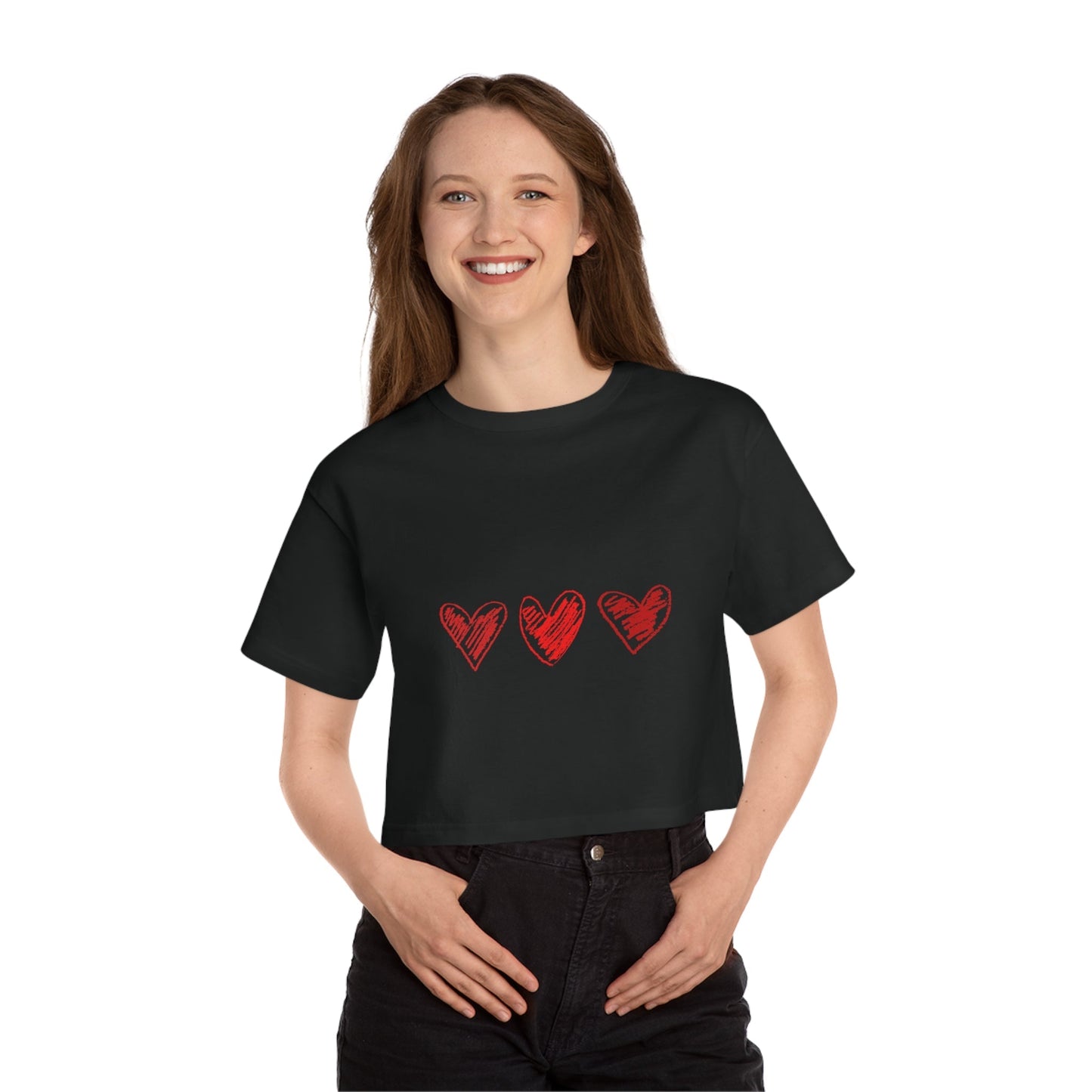 Women Valentine's Day crop top with heart design, perfect gift for wife, 100% cotton, trendy and comfortable fit.