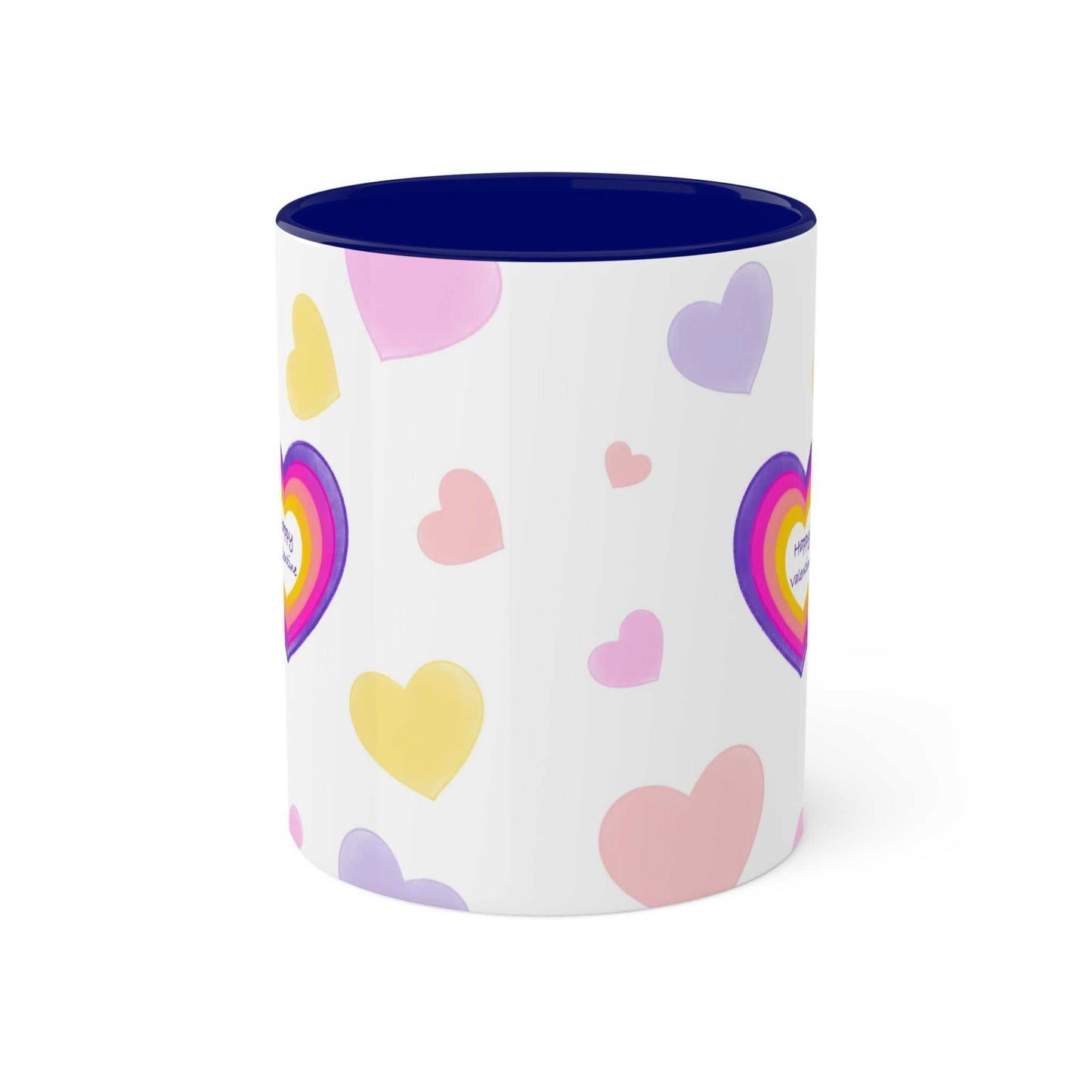 Colorful love mug MODEL B-V-10 with heart design and romantic phrases.
