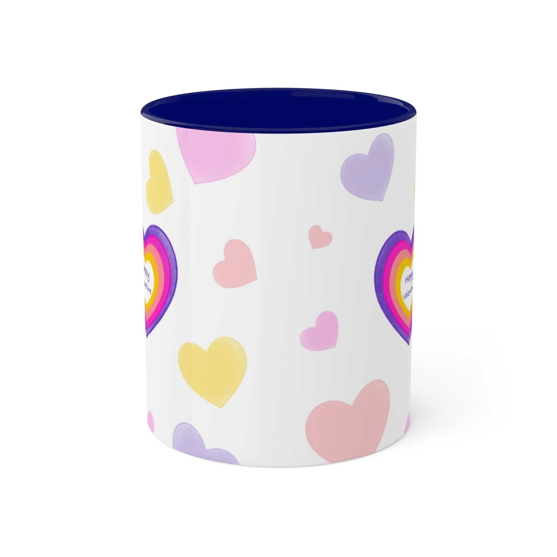Colorful love mug MODEL B-V-10 with heart design and romantic phrases.