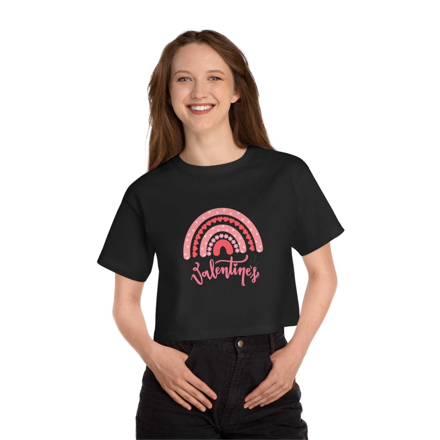 Valentine's Day crop top gift for her, black with a pink rainbow design.