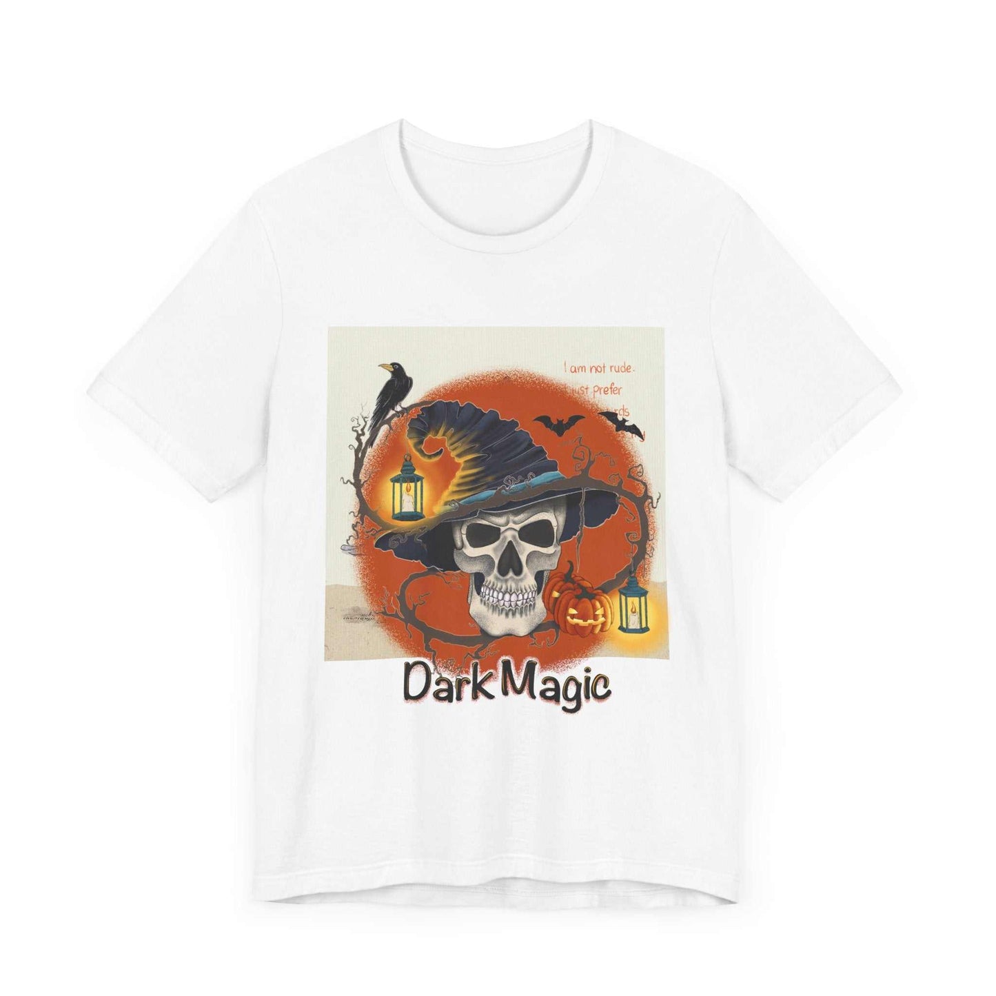 Unisex jersey short sleeve tee with skull and Halloween design, "Dark Magic" graphic.