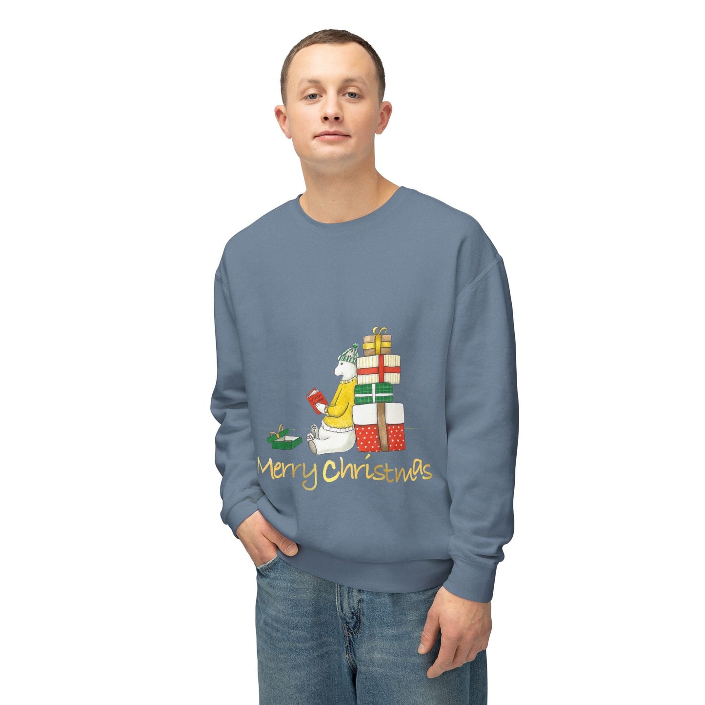 Unisex lightweight Christmas crewneck sweatshirt with festive design, featuring 100% ring-spun cotton for a cozy holiday look.