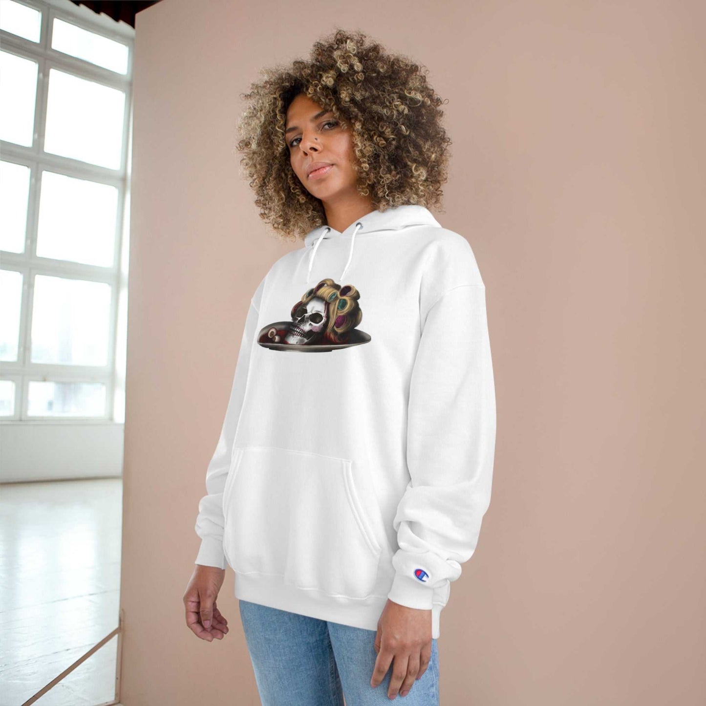 Halloween Champion Hoodie on person, 'Glamorous Ghoul' design, cozy cotton-polyester blend.