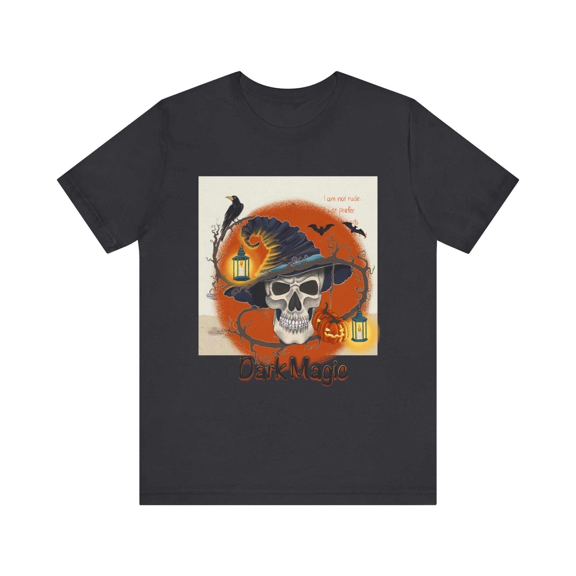 Unisex jersey short sleeve tee, model D-4 with skull and witch hat graphic.