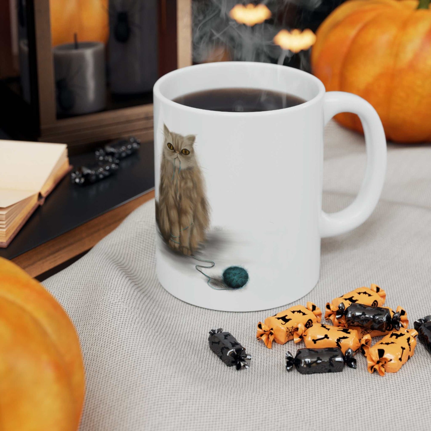 Ceramic Mug 11oz "SHUGA" with whimsical cat design, perfect for coffee lovers.