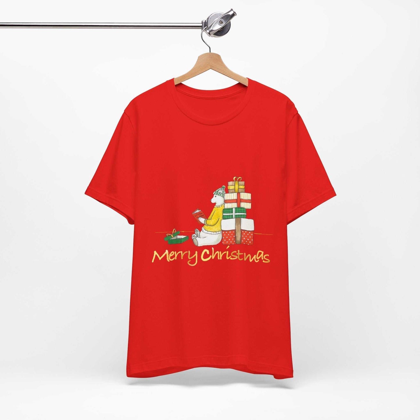 Christmas Gift Bear Shirt on hanger, featuring cute bear design, colorful holiday T-shirt, perfect gift for men and women.