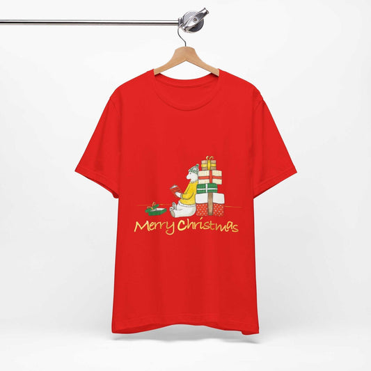 Christmas Gift Bear Shirt on hanger, featuring cute bear design, colorful holiday T-shirt, perfect gift for men and women.