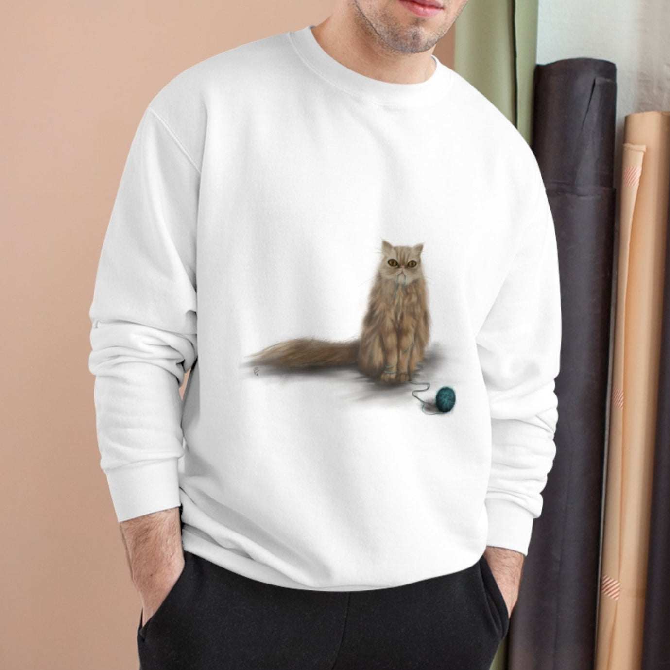 Champion Sweatshirt "SHUGA" with cat design by Bahareh Mortazavi, eco-friendly, Double Dry® technology.