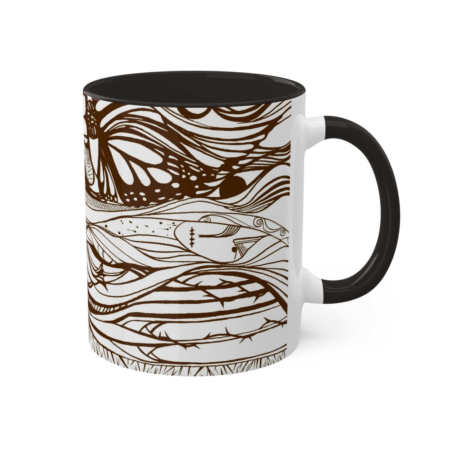 Colorful mug with calligraphy design, 11oz, black handle and interior, glossy ceramic.