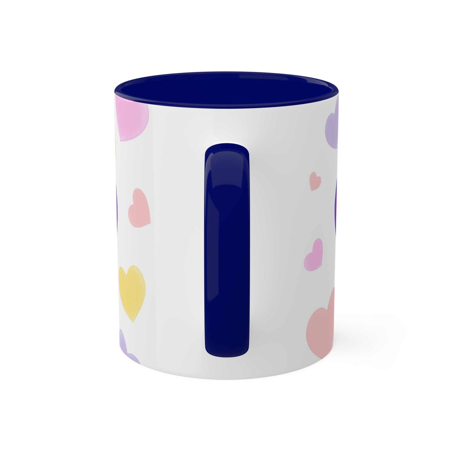 Love Mug MODEL B-V-10 with colorful heart design and blue interior.