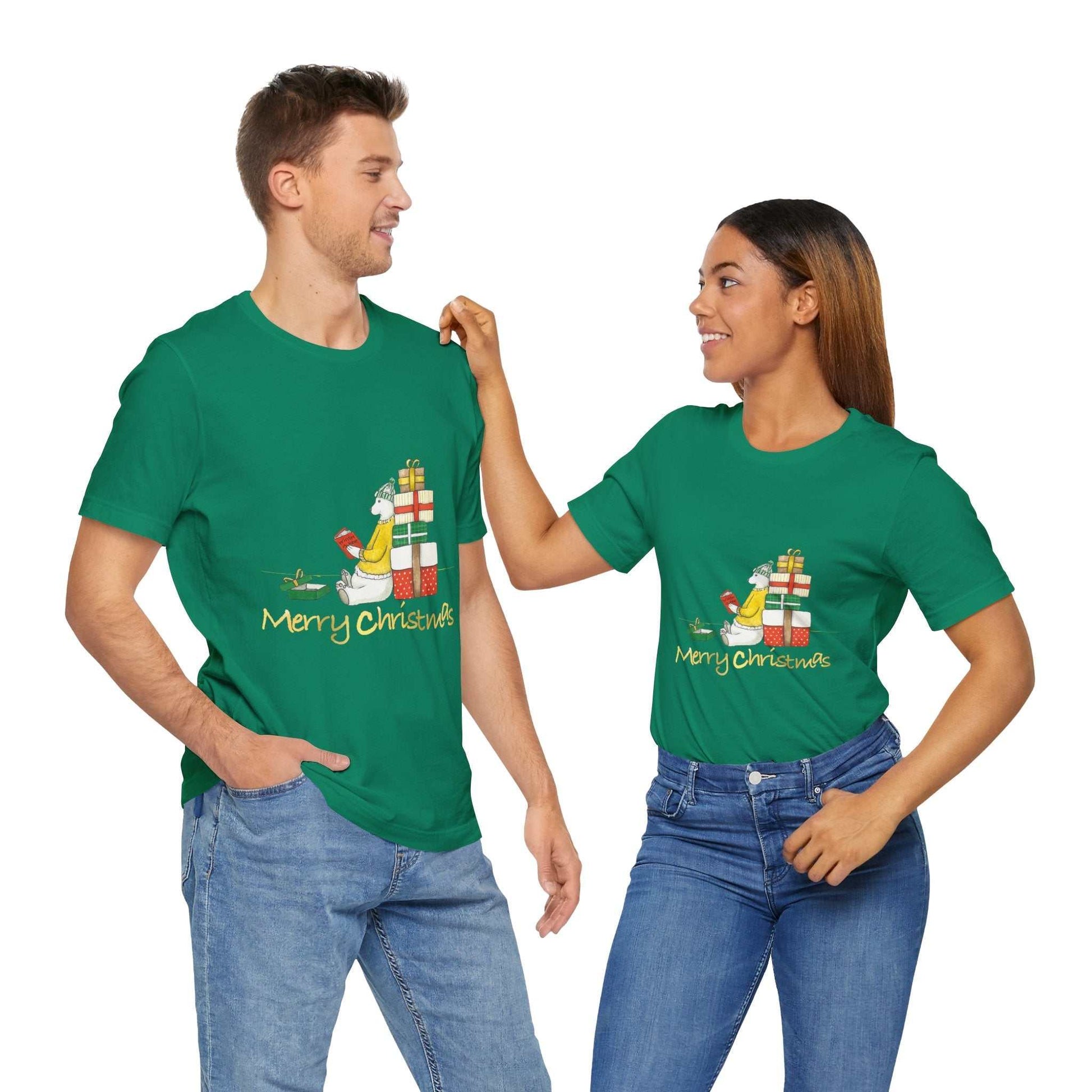Cute bear Christmas gift T-shirt for men and women, featuring colorful, playful design.