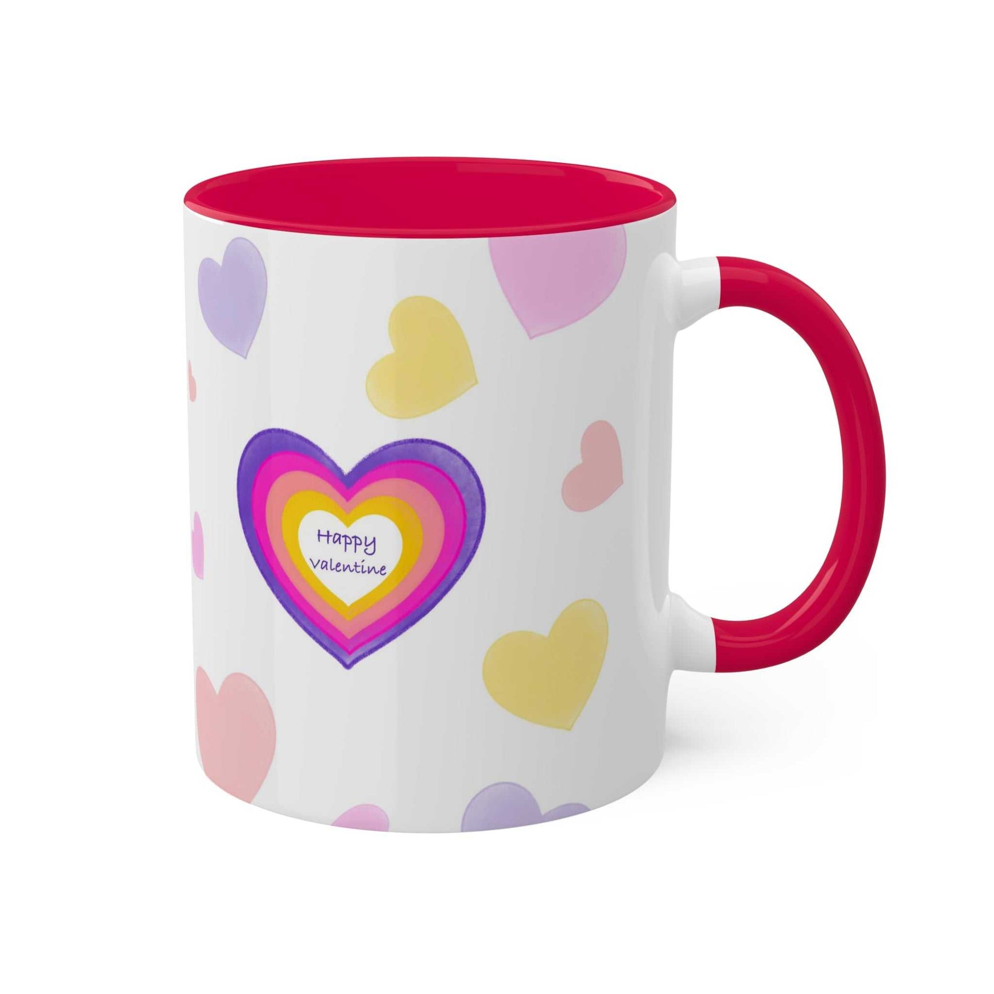 Colorful love-themed mug with heart design and "Happy Valentine" message.