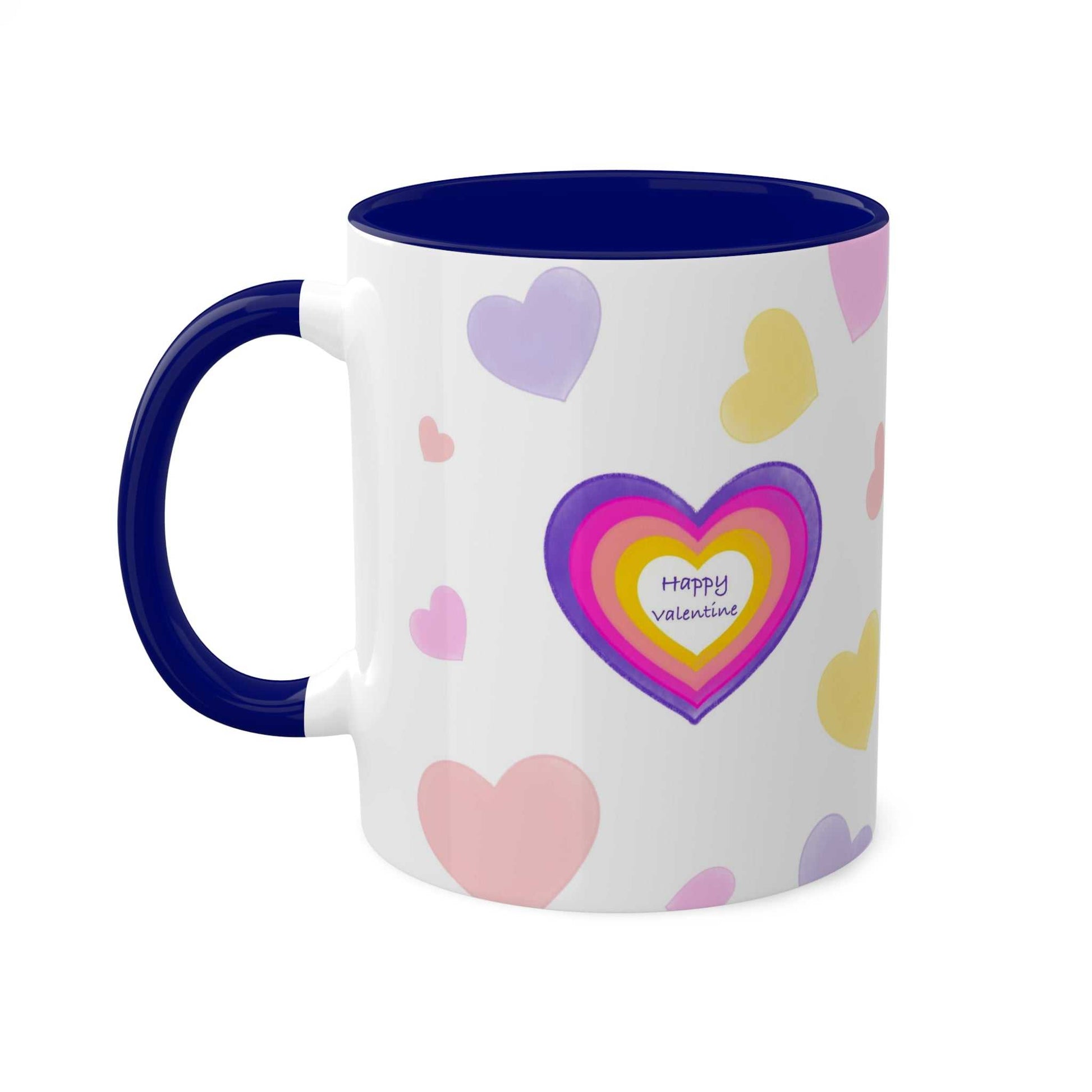 Love Mug MODEL B-V-10 with colorful heart design and "Happy Valentine" text.
