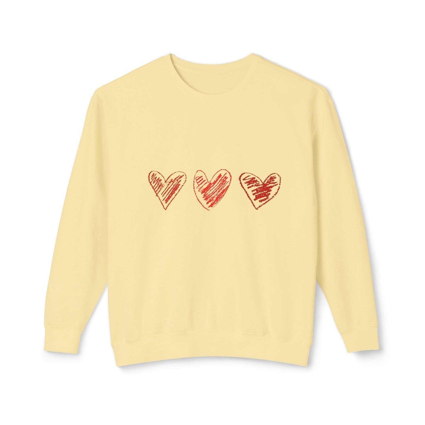 Valentine Day sweatshirt with red heart design on light yellow fabric.