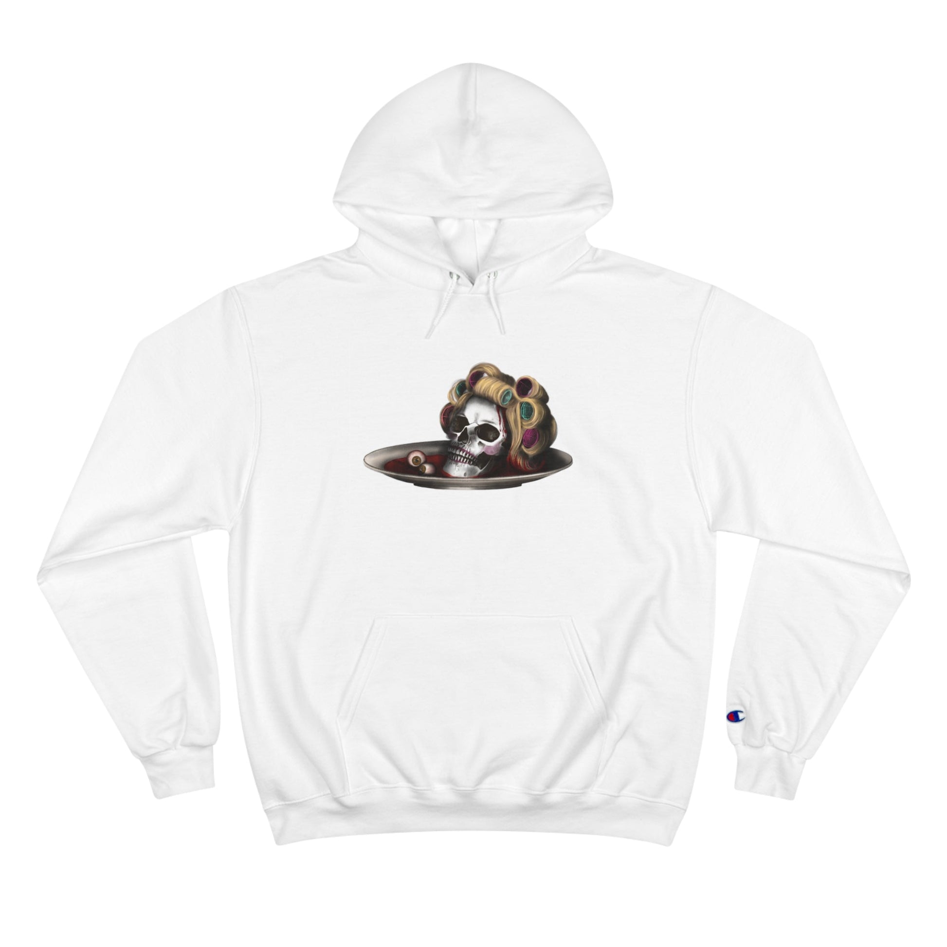 Halloween Champion Hoodie with skull design and iconic "C" logo on sleeve.