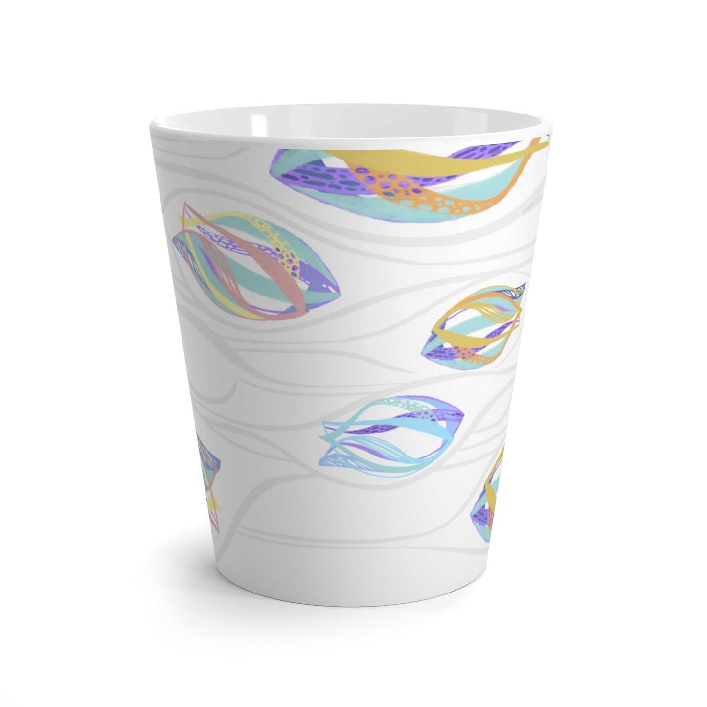 White ceramic latte mug MODEL B-P-19 with colorful abstract design by Bahareh Mortazavi.