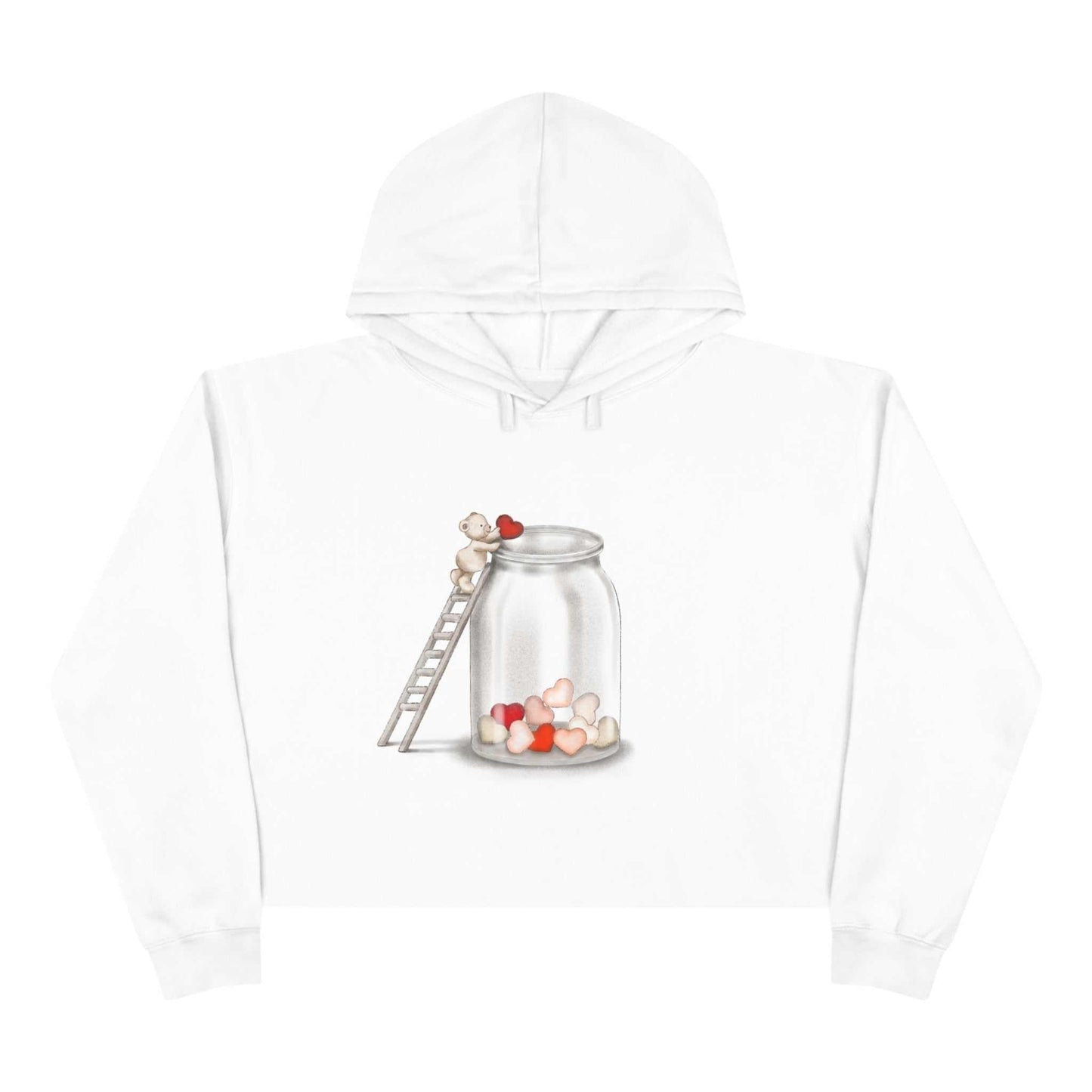 White cropped hoodie for women with jar and ladder graphic, relaxed fit, raw hem.