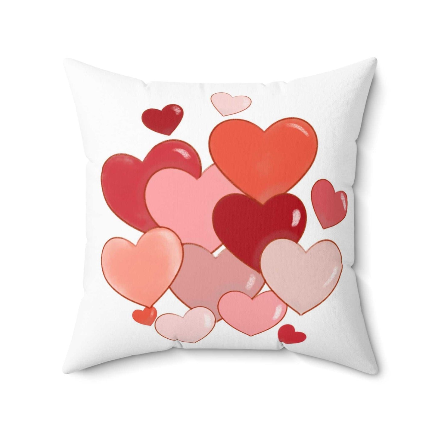 Polyester pillow with red and pink heart design, double-sided print, concealed zipper.