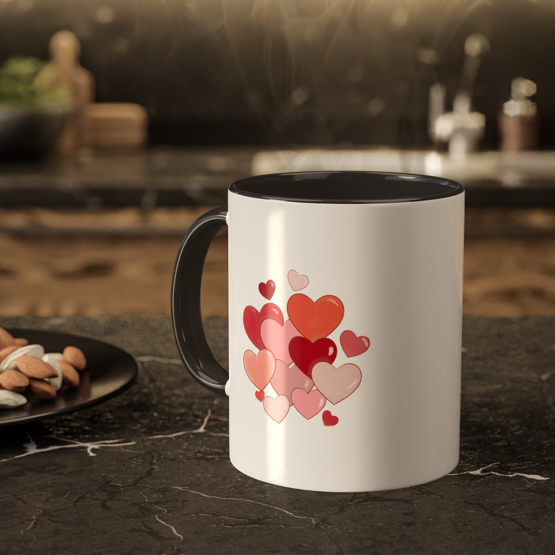 Love Mug MODEL B-V-4 with romantic heart design on a marble countertop.