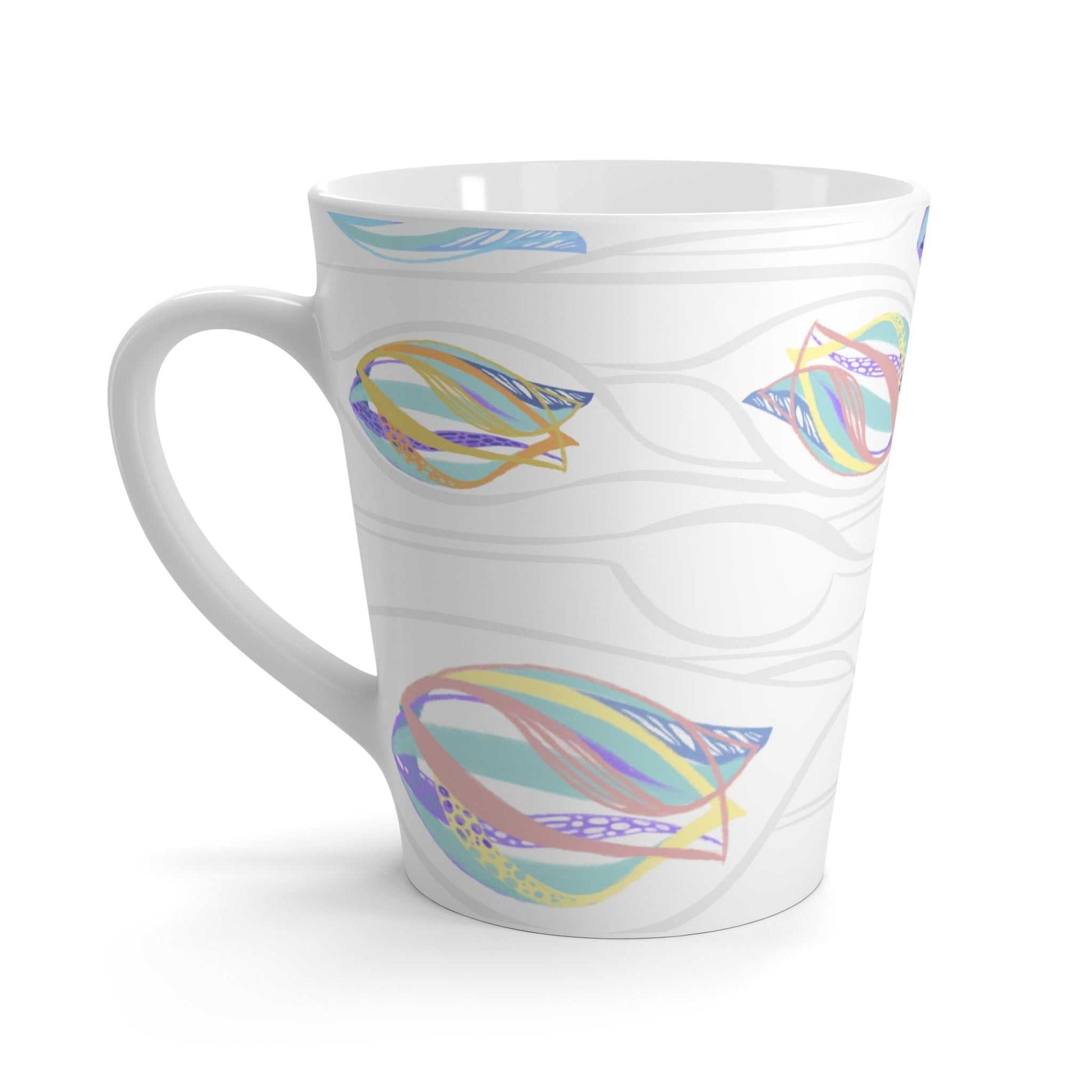 White ceramic latte mug MODEL B-P-19 with colorful graphic design by Bahareh Mortazavi.