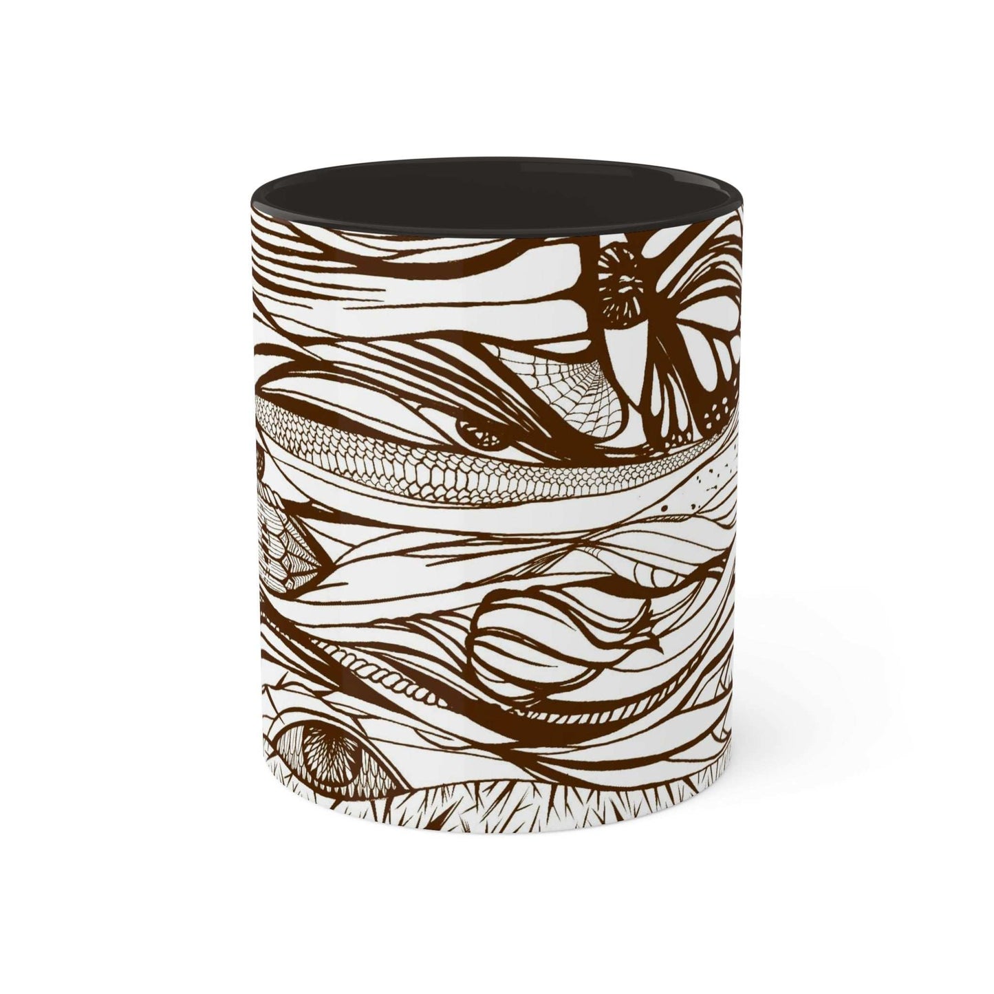 Colorful ceramic mug with calligraphy design and black interior, 11oz capacity.