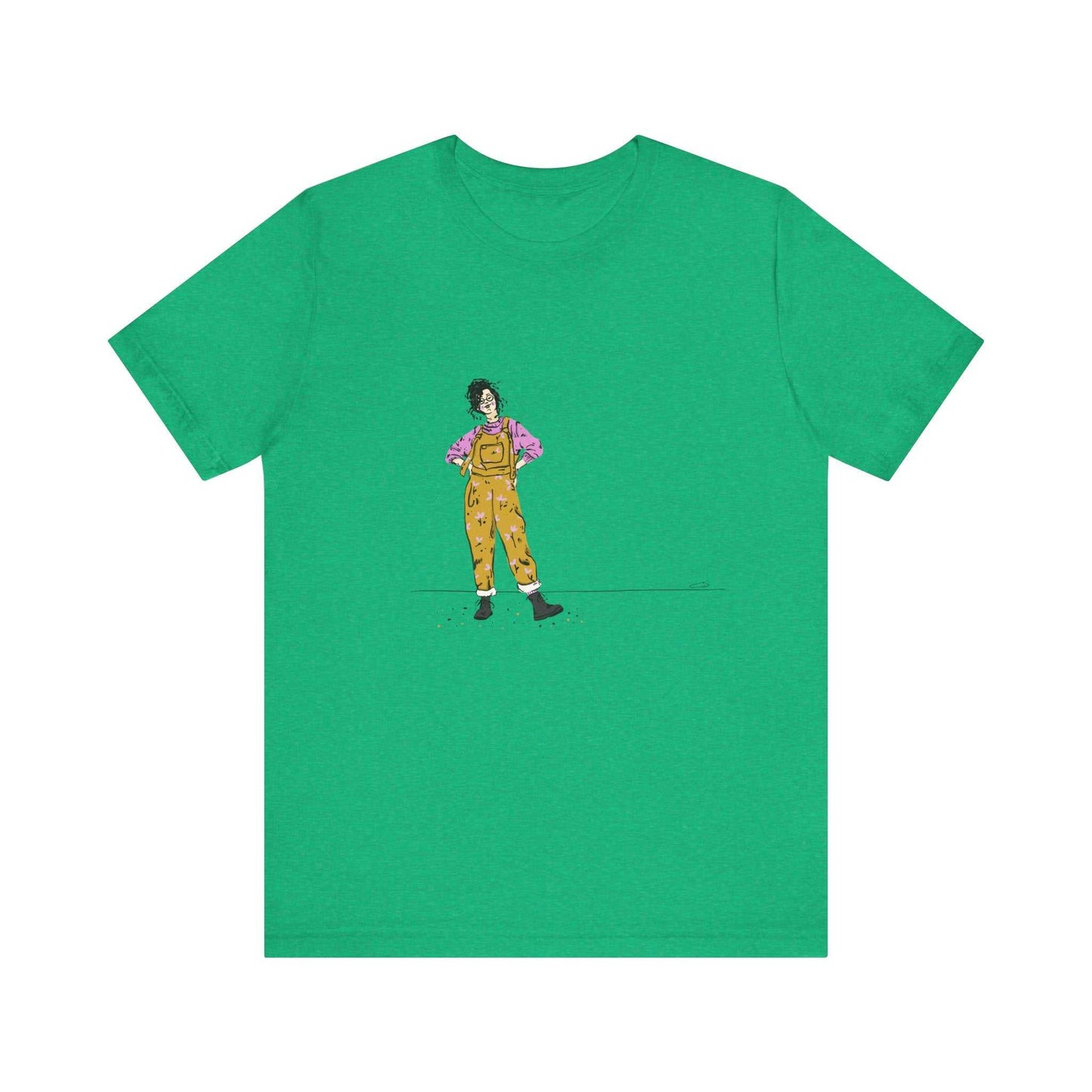 Unisex jersey short sleeve tee, model D-5, green with graphic design.