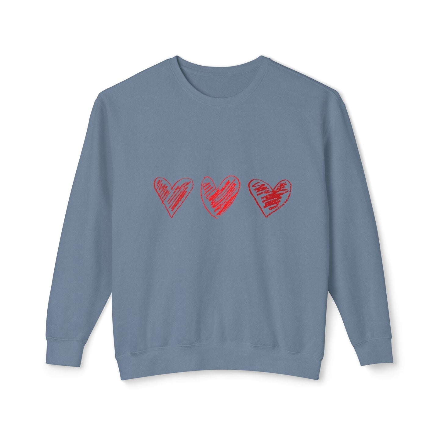 Valentine's Day sweatshirt with red heart design on a blue fabric.