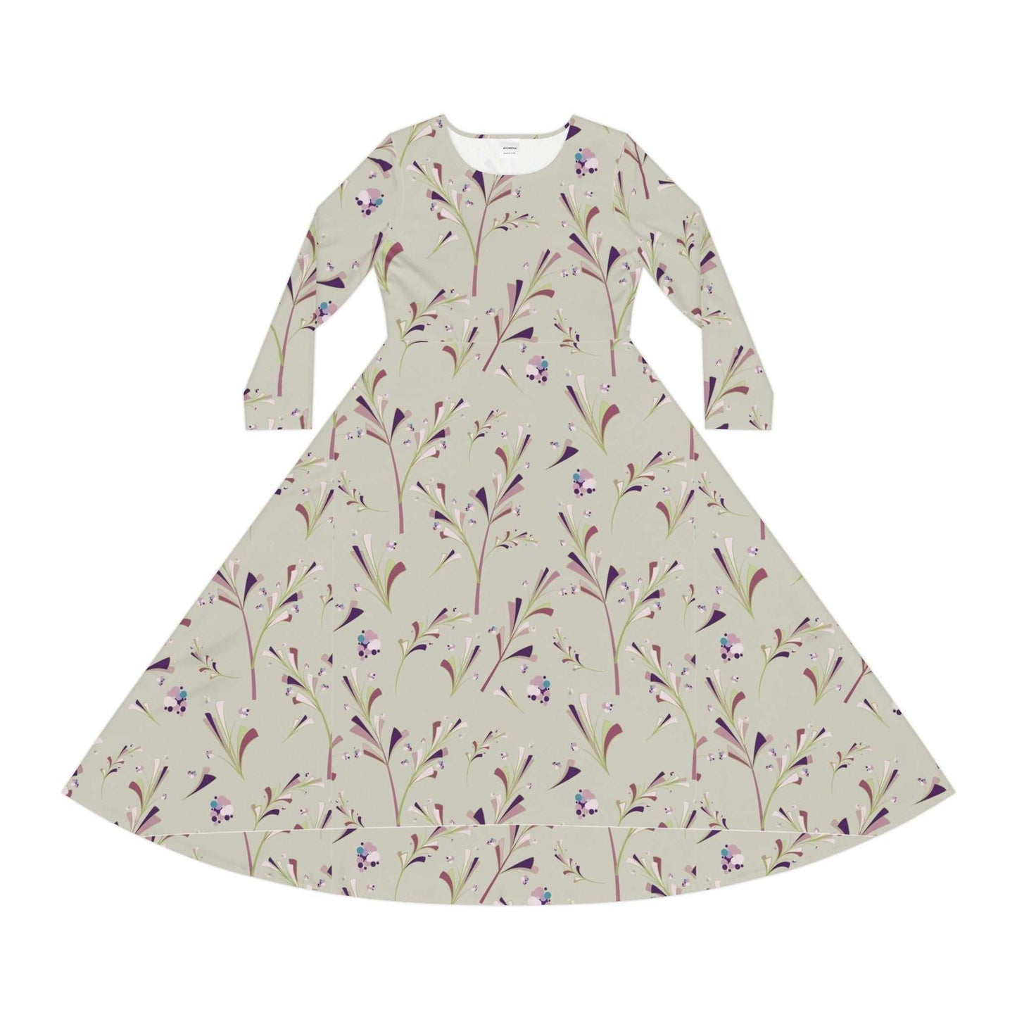 Women's long sleeve dance dress, AOP design, made from polyester milk silk for comfort and breathability, featuring a scoop-shaped neckline.
