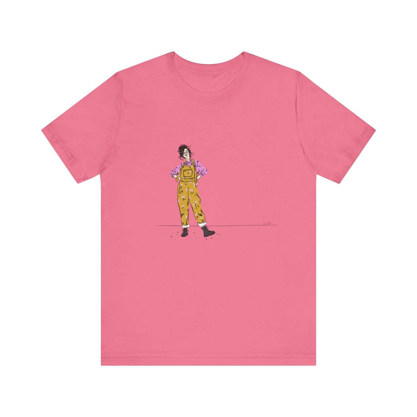 Unisex Jersey Short Sleeve Tee Model D-5 in pink with graphic design by Dorsa Amraee.