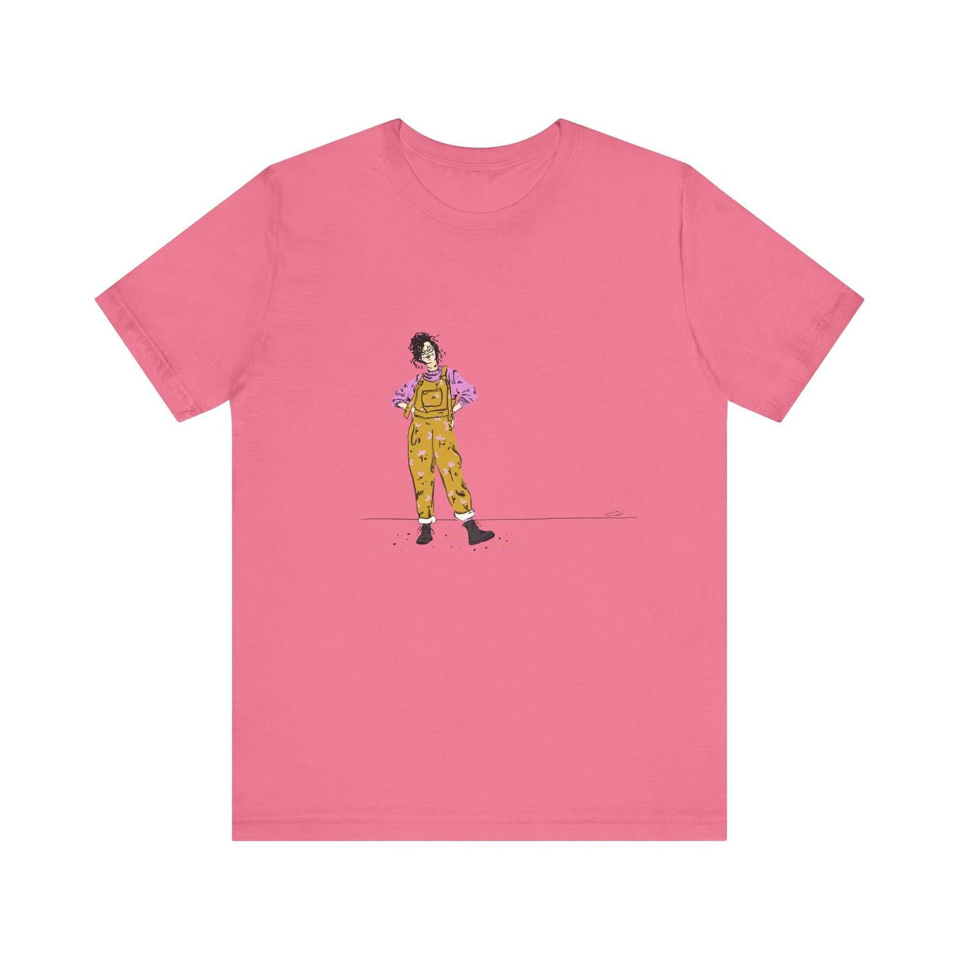 Unisex Jersey Short Sleeve Tee Model D-5 in pink with graphic design by Dorsa Amraee.