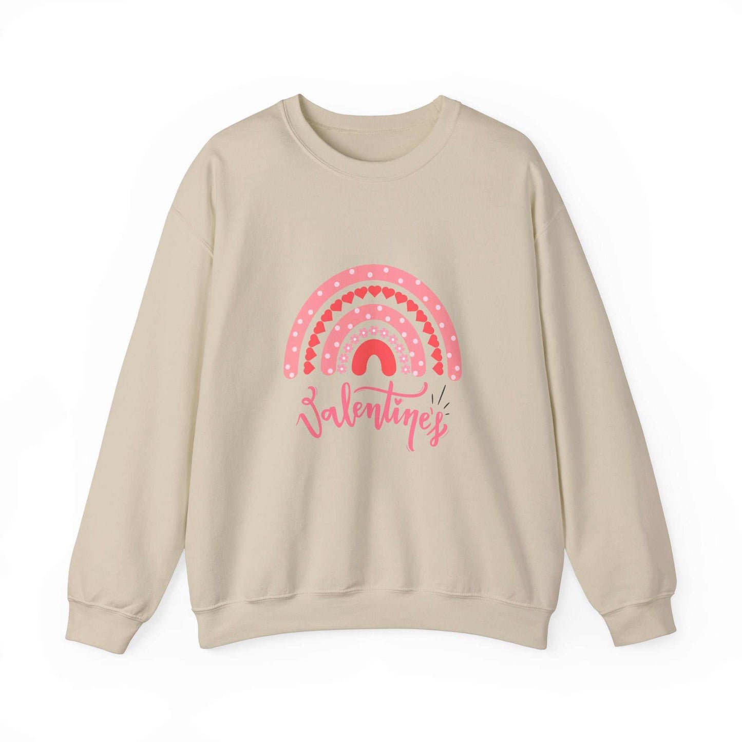 Valentine's Day gift sweatshirt with pink heart design, classic fit, cozy cotton-poly blend.