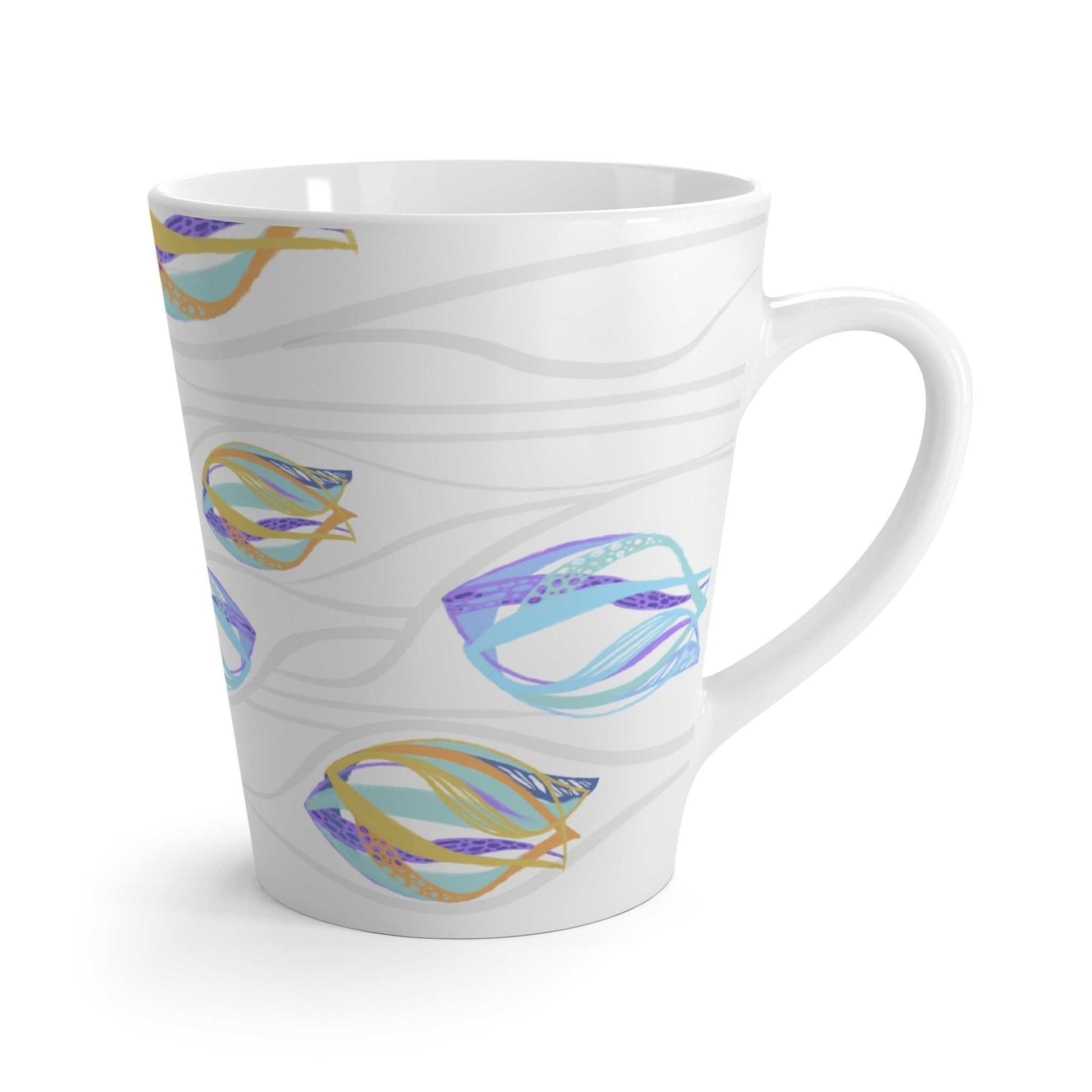 Ceramic latte mug MODEL B-P-19 by Bahareh Mortazavi, 12oz with colorful abstract design and C-handle.