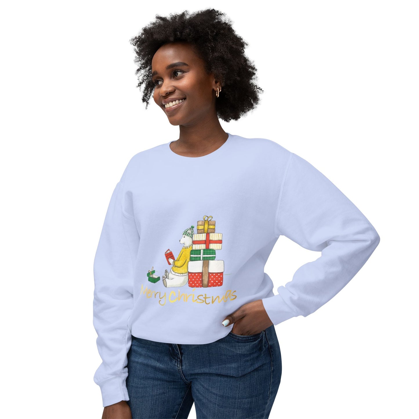 Christmas Crewneck Sweatshirt - Unisex Lightweight featuring a festive design, worn by a smiling person.