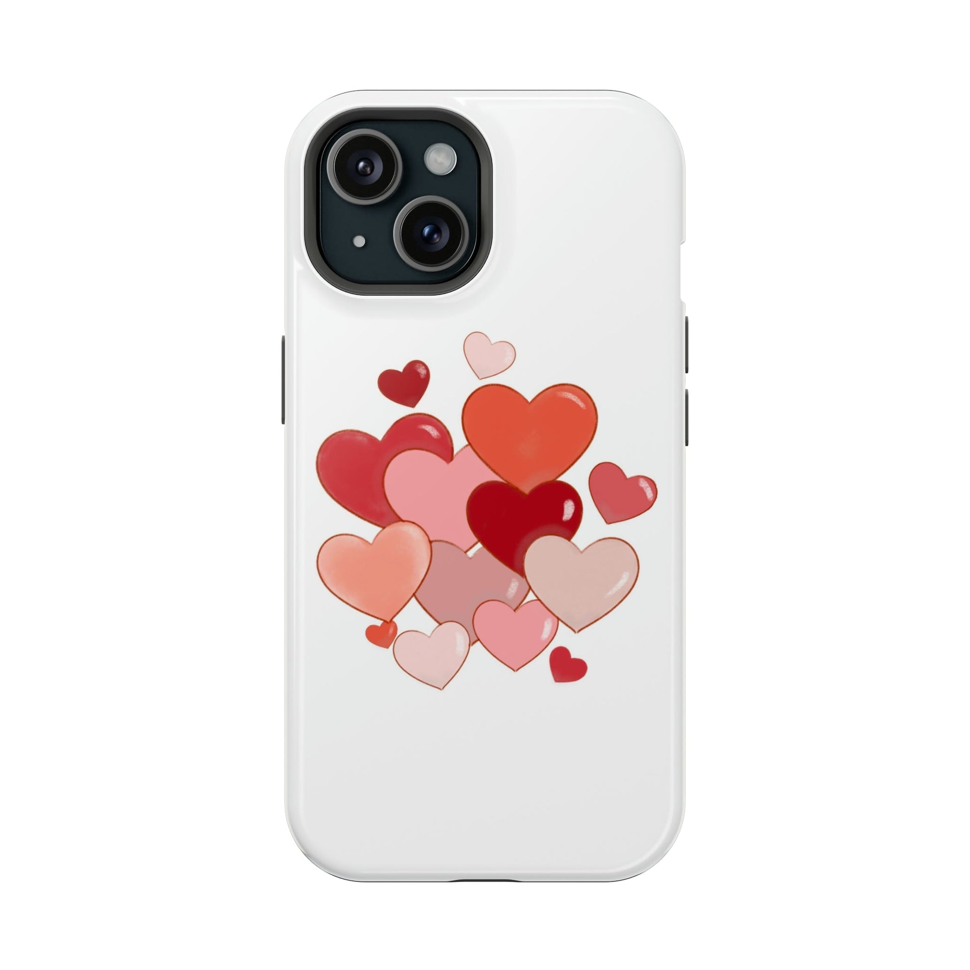 Custom tough phone case with heart design, featuring MagSafe compatibility and impact-resistant dual layer protection.