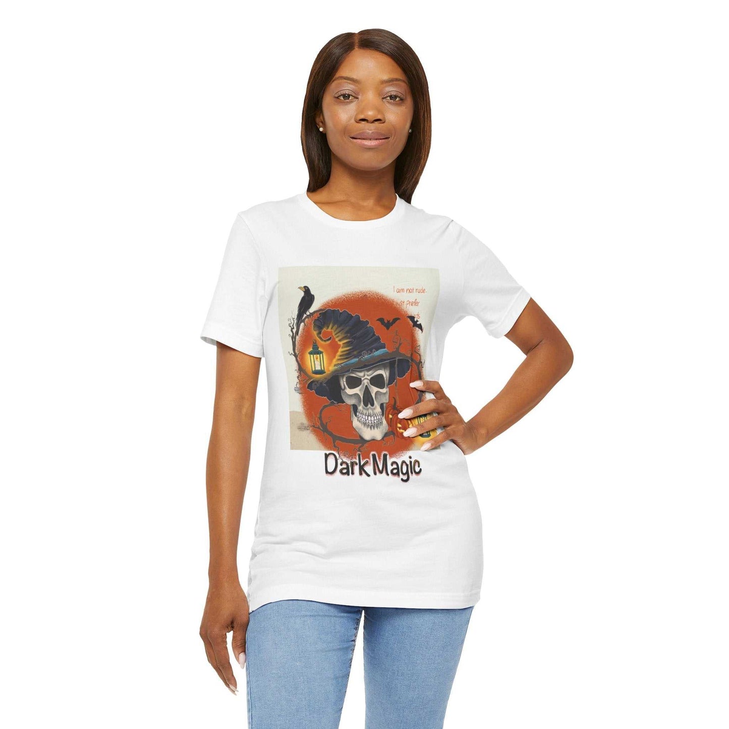 Unisex Jersey Short Sleeve Tee Model D-4 with Dark Magic graphic design, worn by a person.