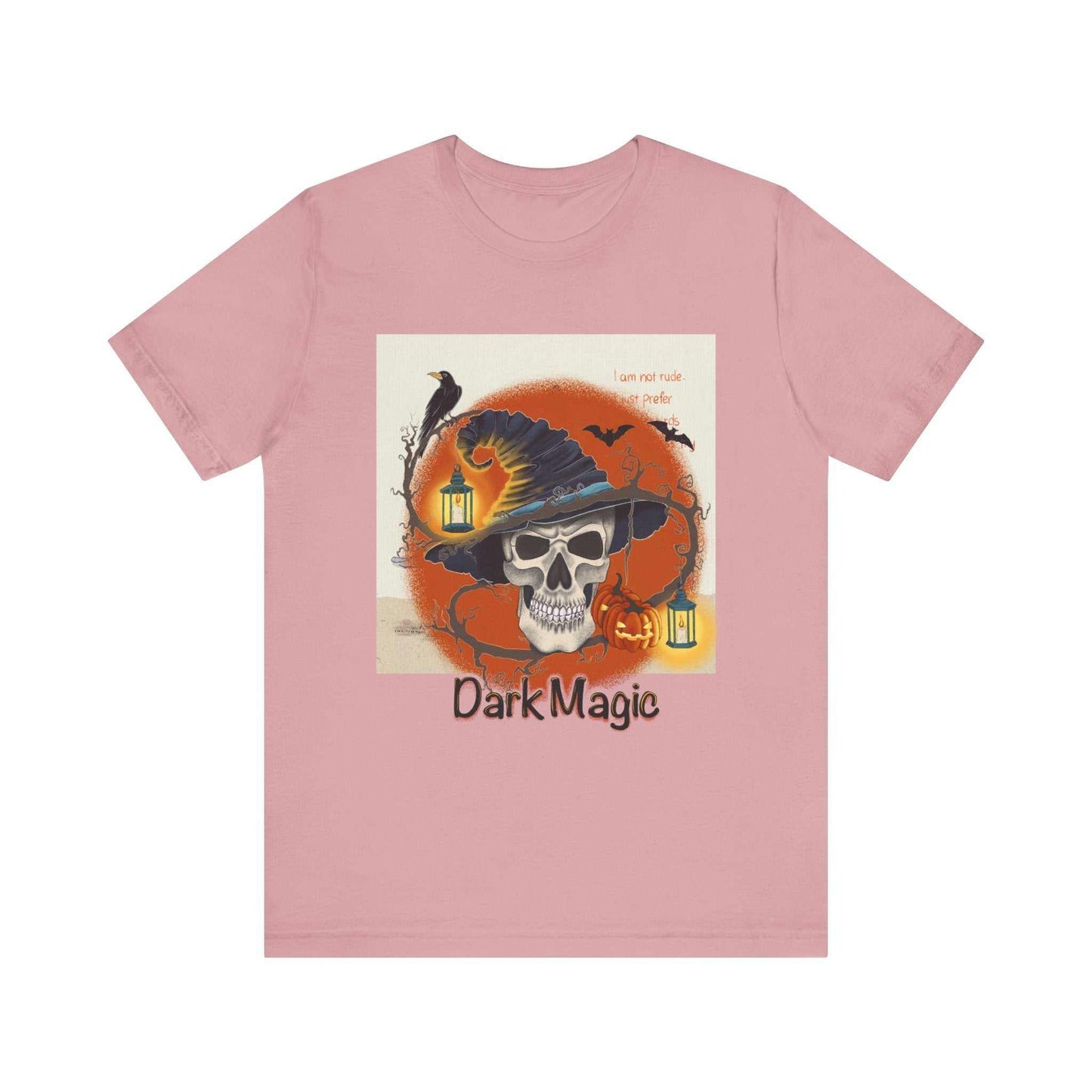 Unisex jersey short sleeve tee with "Dark Magic" graphic design in pink, featuring a skull with a witch hat.