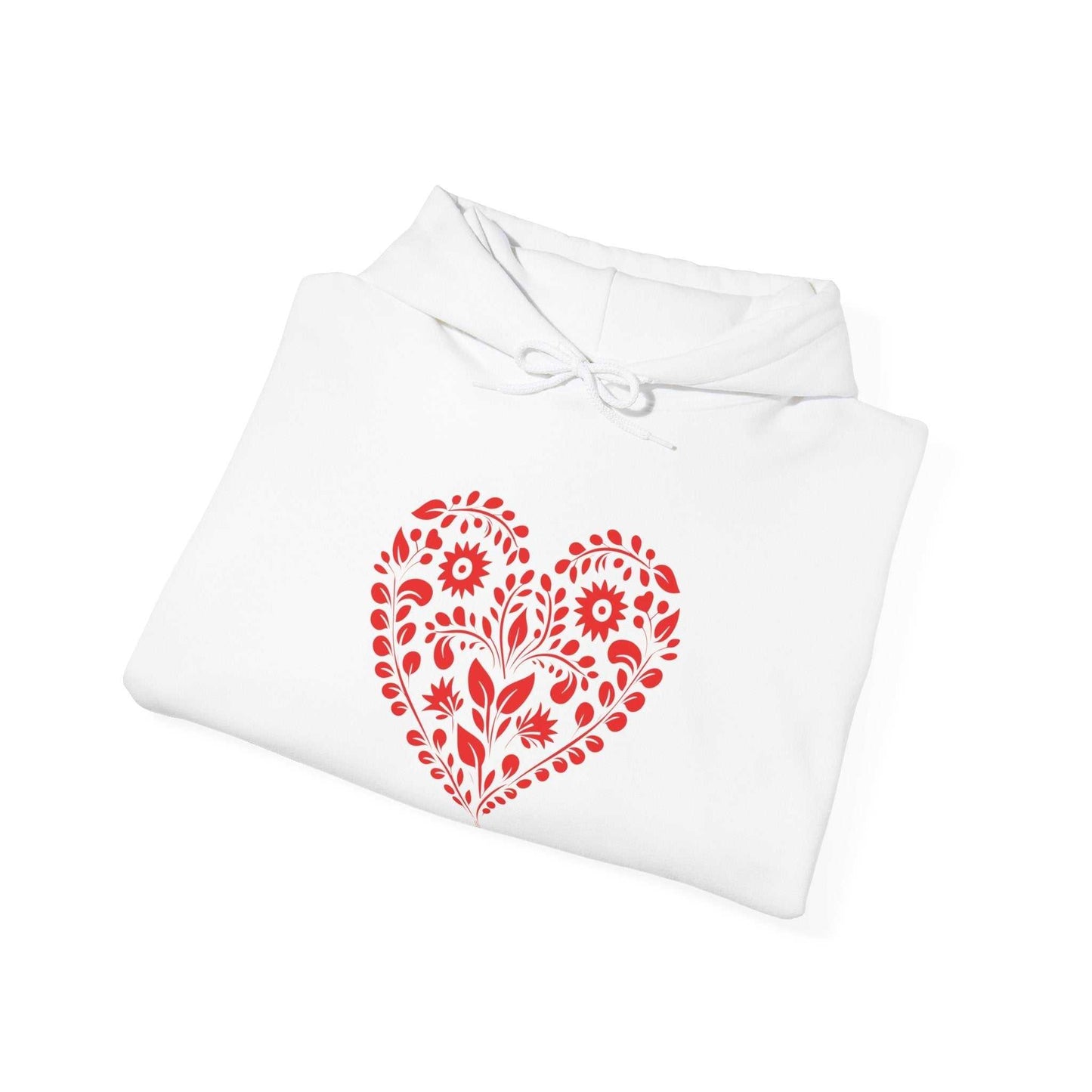 Valentine's Day gift hoodie with red heart design on white fabric.