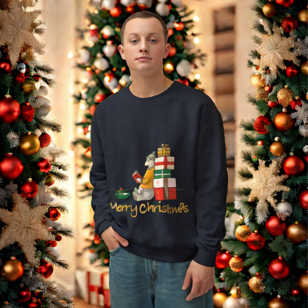 Christmas crewneck sweatshirt featuring festive design, worn by model, surrounded by decorated Christmas trees.