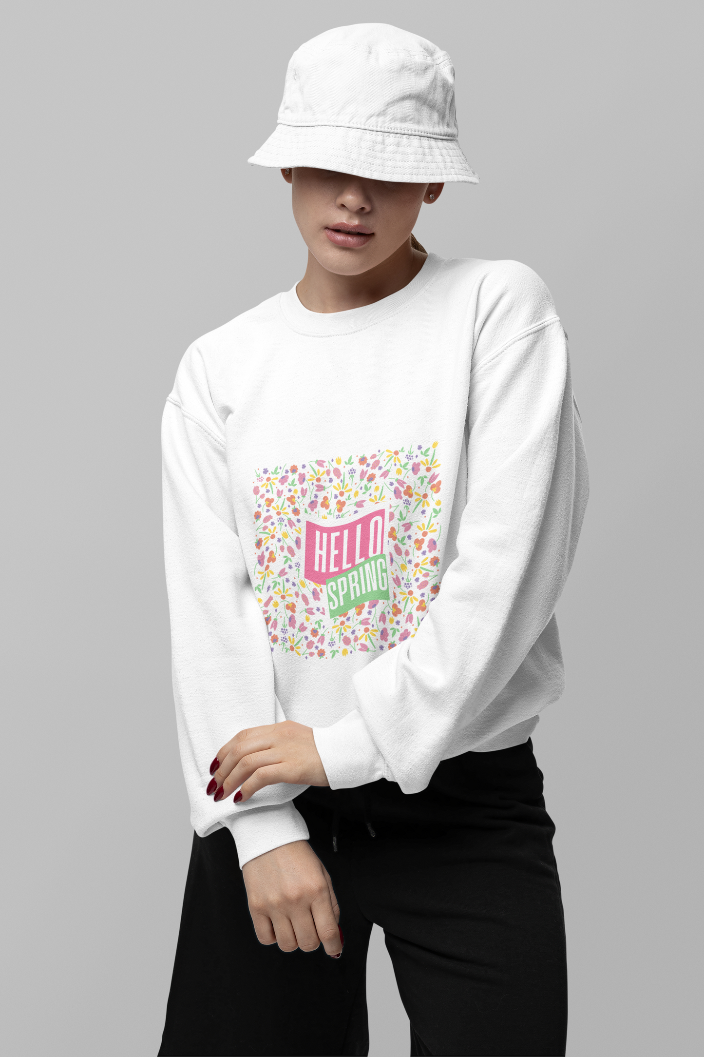 Hello Spring Floral Crewneck Sweatshirt, Spring Outfits, Gift for Her, Casual Layering, Birthday Gift, Nature Lover Apparel
