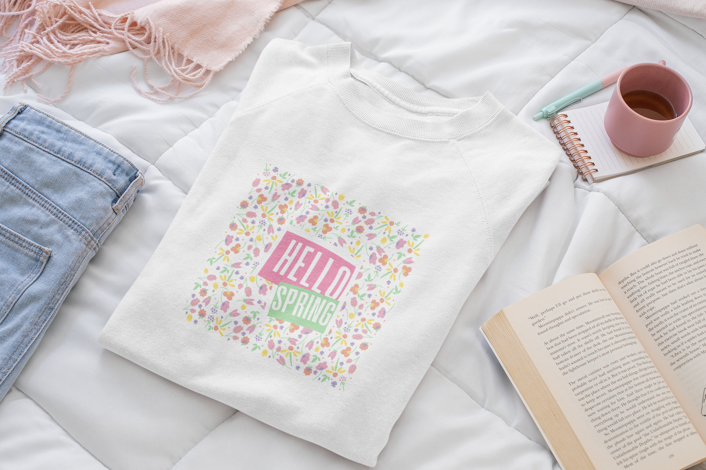 Hello Spring Floral Crewneck Sweatshirt, Spring Outfits, Gift for Her, Casual Layering, Birthday Gift, Nature Lover Apparel