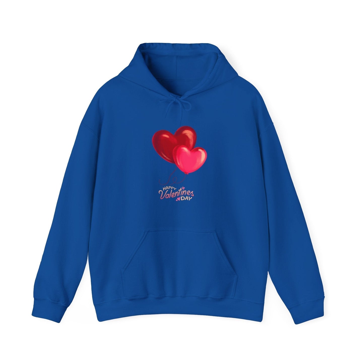 Valentine's Day hoodie gift with heart design, blue color, featuring kangaroo pocket and adjustable hood.