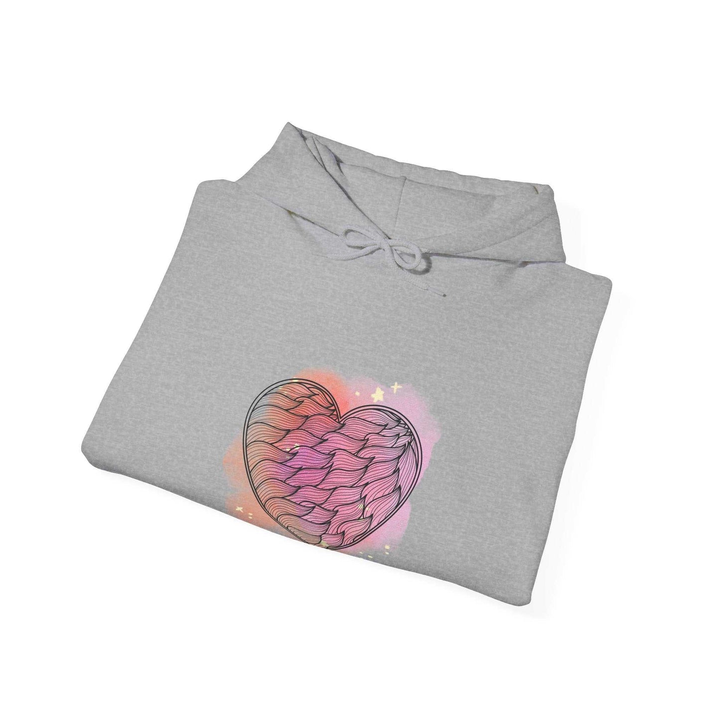 Grey Valentine Day hoodie with pink heart design for women.