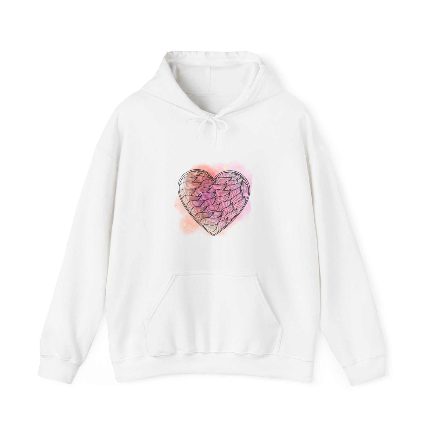 Women's white Valentine Day hoodie with heart design, featuring kangaroo pouch pocket and adjustable drawstring hood.