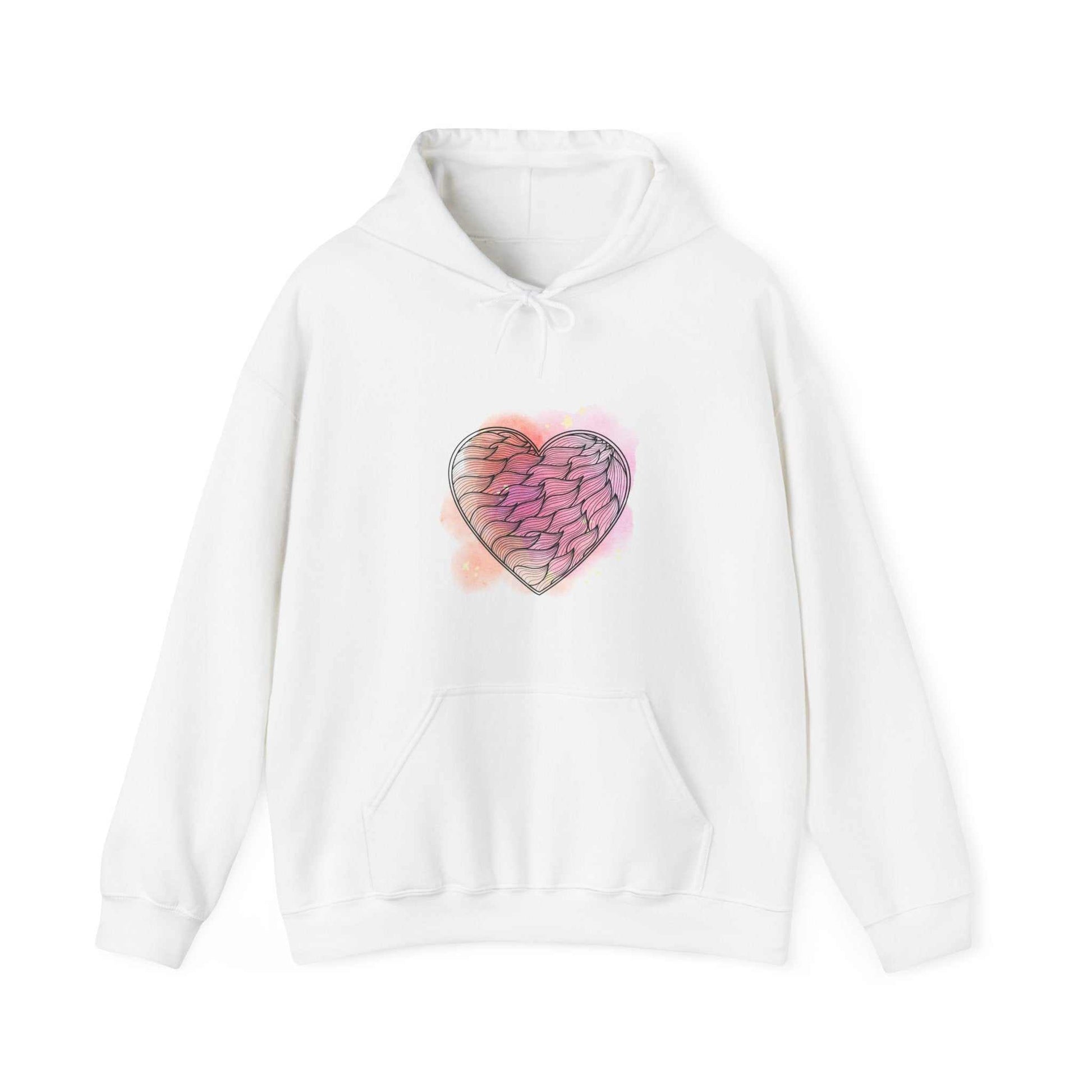 Women's white Valentine Day hoodie with heart design, featuring kangaroo pouch pocket and adjustable drawstring hood.