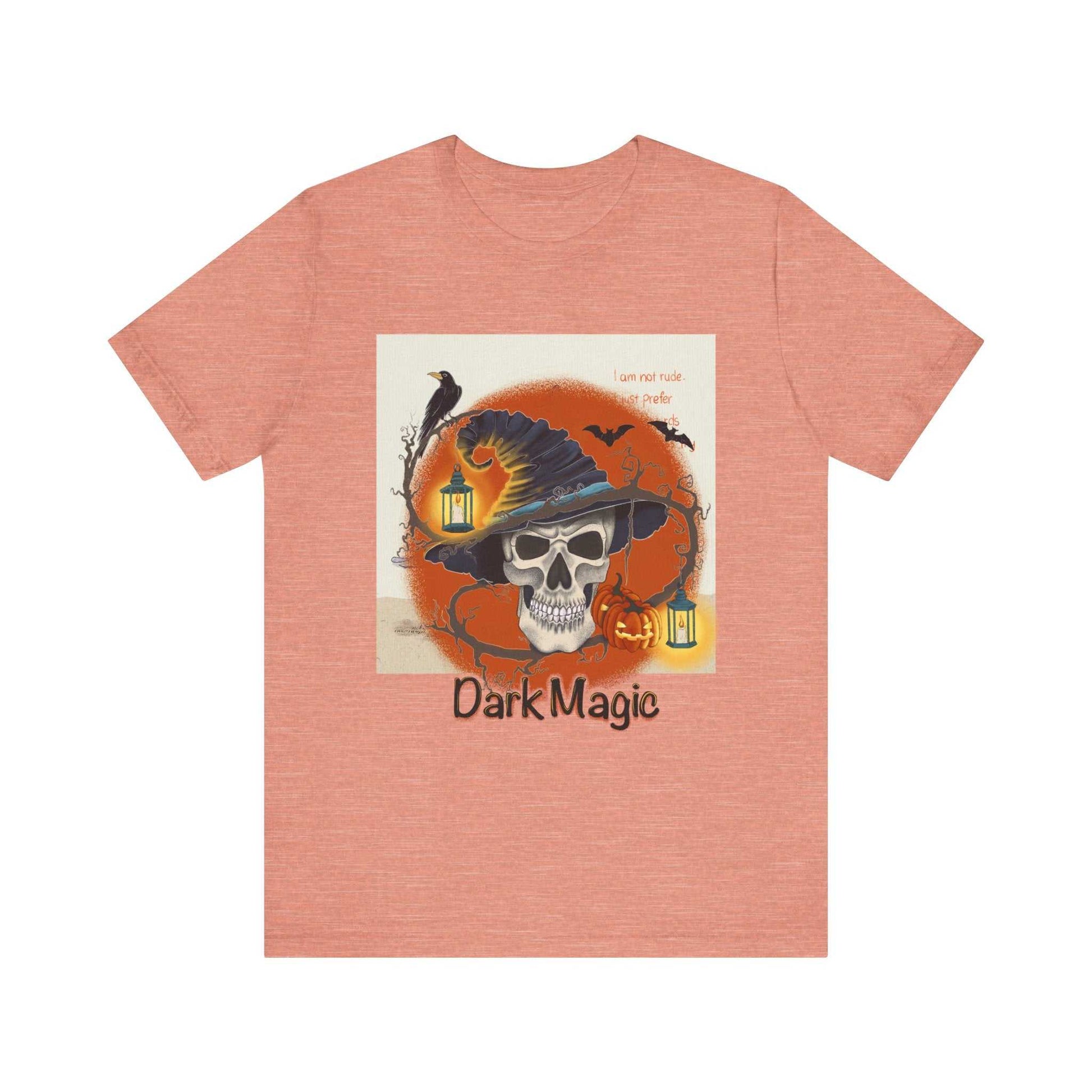 Unisex Jersey Short Sleeve Tee Model D-4 with dark magic skull graphic design.